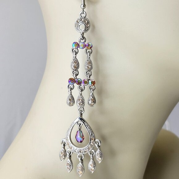 Crystal Aurora Borealis Fashion Rhinestones Long Dangle Earrings - Picture 1 of 13